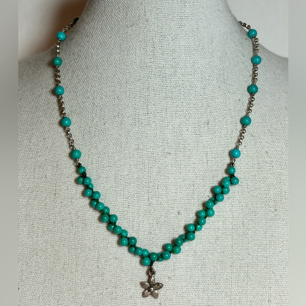 Vintage Signed Sterling Silver 925 Flower Pendant Turquoise Bead Necklace Heart